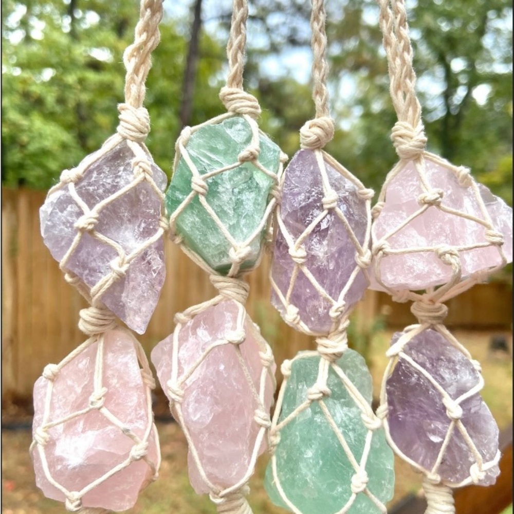1 Raw crystal stone hanger with jute for rear view mirror/ window/essential oils